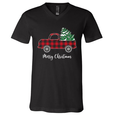 Merry Christmas White Buffalo Plaid Truck Trees V-Neck T-Shirt