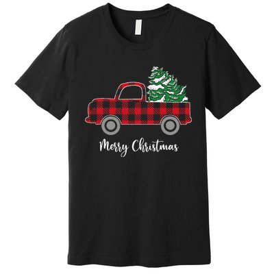 Merry Christmas White Buffalo Plaid Truck Trees Premium T-Shirt