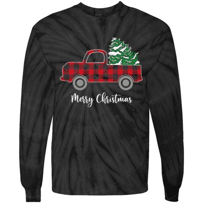 Merry Christmas White Buffalo Plaid Truck Trees Tie-Dye Long Sleeve Shirt