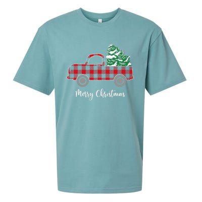 Merry Christmas White Buffalo Plaid Truck Trees Sueded Cloud Jersey T-Shirt