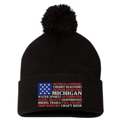 Michigan Characteristic Words Pom Pom 12in Knit Beanie