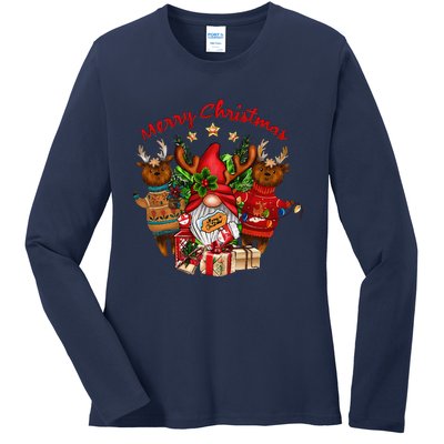 Merry Christmas With Deers And Gnomes Matching Family Gifts Ladies Long Sleeve Shirt