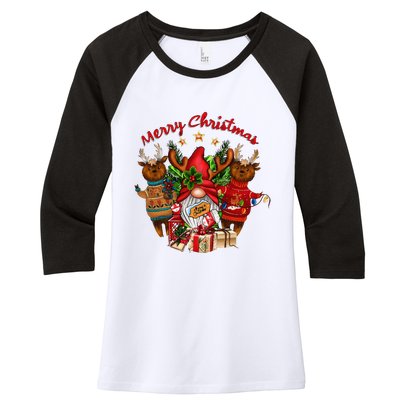 Merry Christmas With Deers And Gnomes Matching Family Gifts Women's Tri-Blend 3/4-Sleeve Raglan Shirt