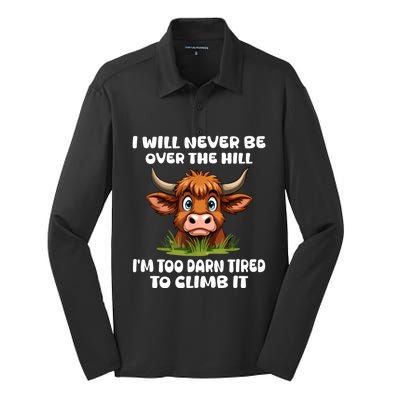 Messy Cow Will Never Be Over Hill I’M Too Darn Tired Climb Silk Touch Performance Long Sleeve Polo