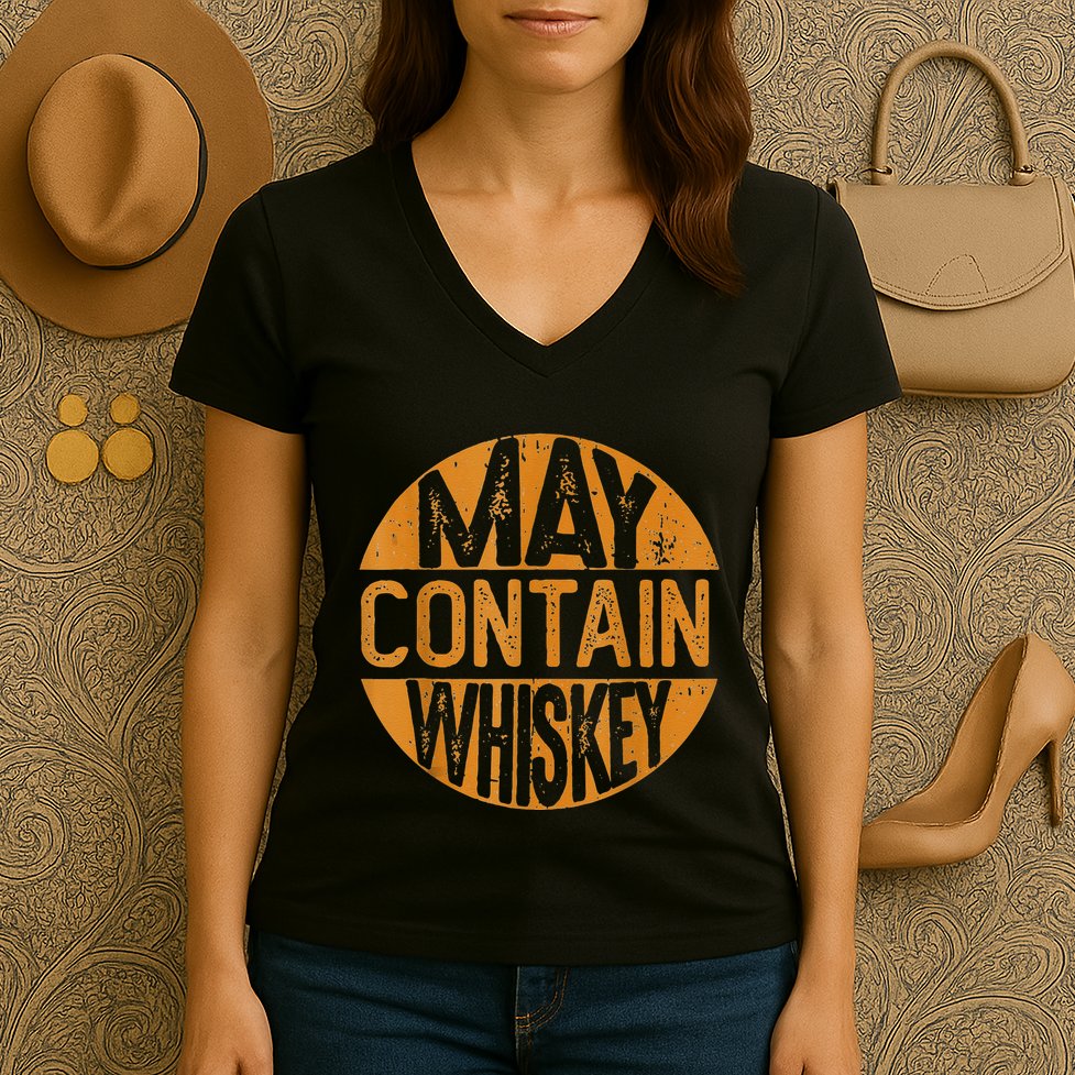 May Contain Whiskey Funny Liquor Drinking Women's V-Neck T-Shirt