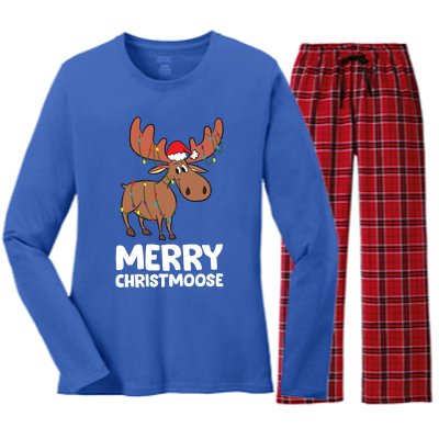 Merry Christmas Xmas Merry Christmoose Santa Hat Moose Gift Women's Long Sleeve Flannel Pajama Set 