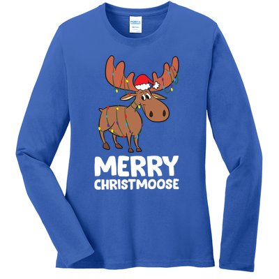 Merry Christmas Xmas Merry Christmoose Santa Hat Moose Gift Ladies Long Sleeve Shirt