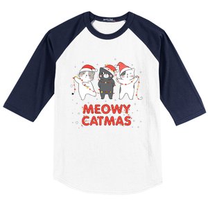 Meowy Catmas Xmas Novelty Cat Lover Christmas Lights Meaningful Gift Baseball Sleeve Shirt