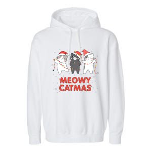 Meowy Catmas Xmas Novelty Cat Lover Christmas Lights Meaningful Gift Garment-Dyed Fleece Hoodie