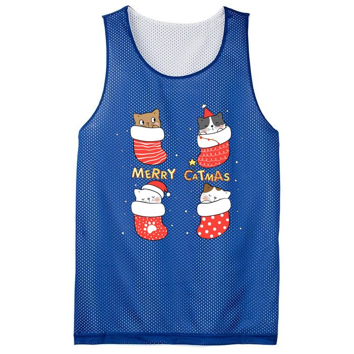 Merry Catmas Xmas Novelty Cat Lover Santa Stocking Meowy Gift Mesh Reversible Basketball Jersey Tank