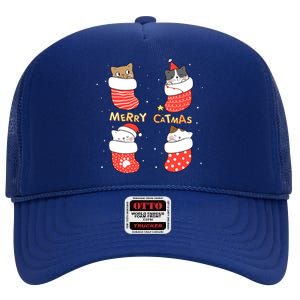 Merry Catmas Xmas Novelty Cat Lover Santa Stocking Meowy Gift High Crown Mesh Back Trucker Hat