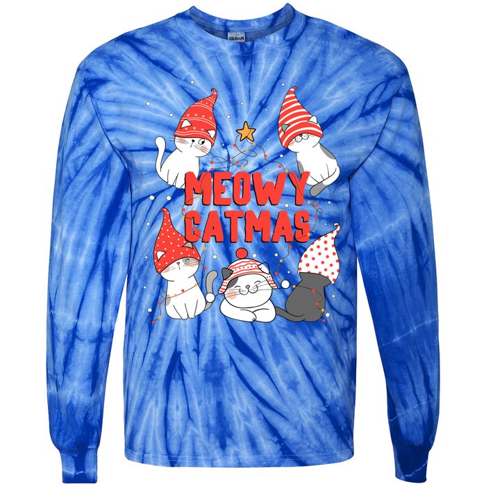 Meowy Catmas Xmas Novelty Cat Lover Christmas Lights Great Gift Tie-Dye Long Sleeve Shirt