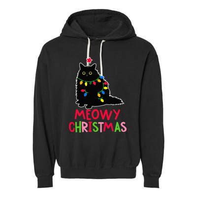 Meowy Christmas Xmas Lights Black Cat Pajamas Family Funny Garment-Dyed Fleece Hoodie