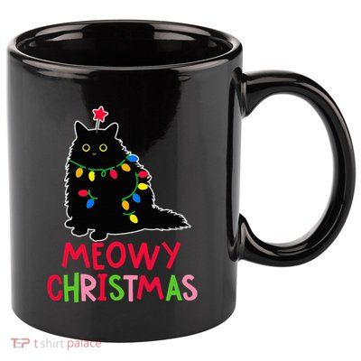 Meowy Christmas Xmas Lights Black Cat Pajamas Family Funny 11oz C Handle Ceramic Mug