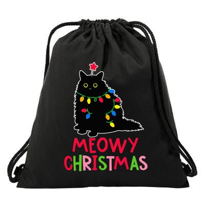 Meowy Christmas Xmas Lights Black Cat Pajamas Family Funny Drawstring Bag