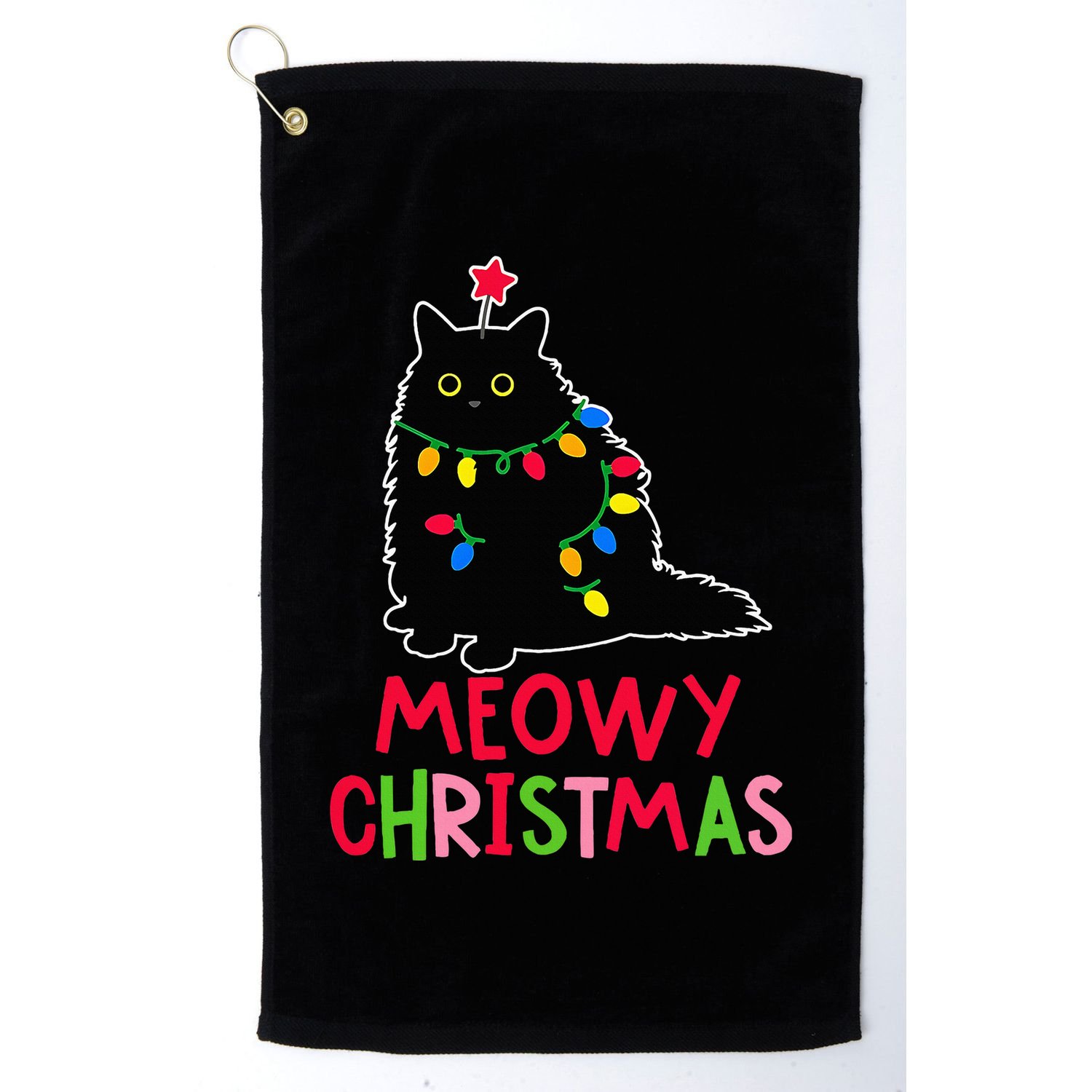 Meowy Christmas Xmas Lights Black Cat Pajamas Family Funny Golf Towel