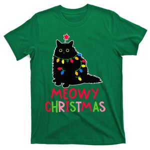 Meowy Christmas Xmas Lights Black Cat Pajamas Family Funny T-Shirt