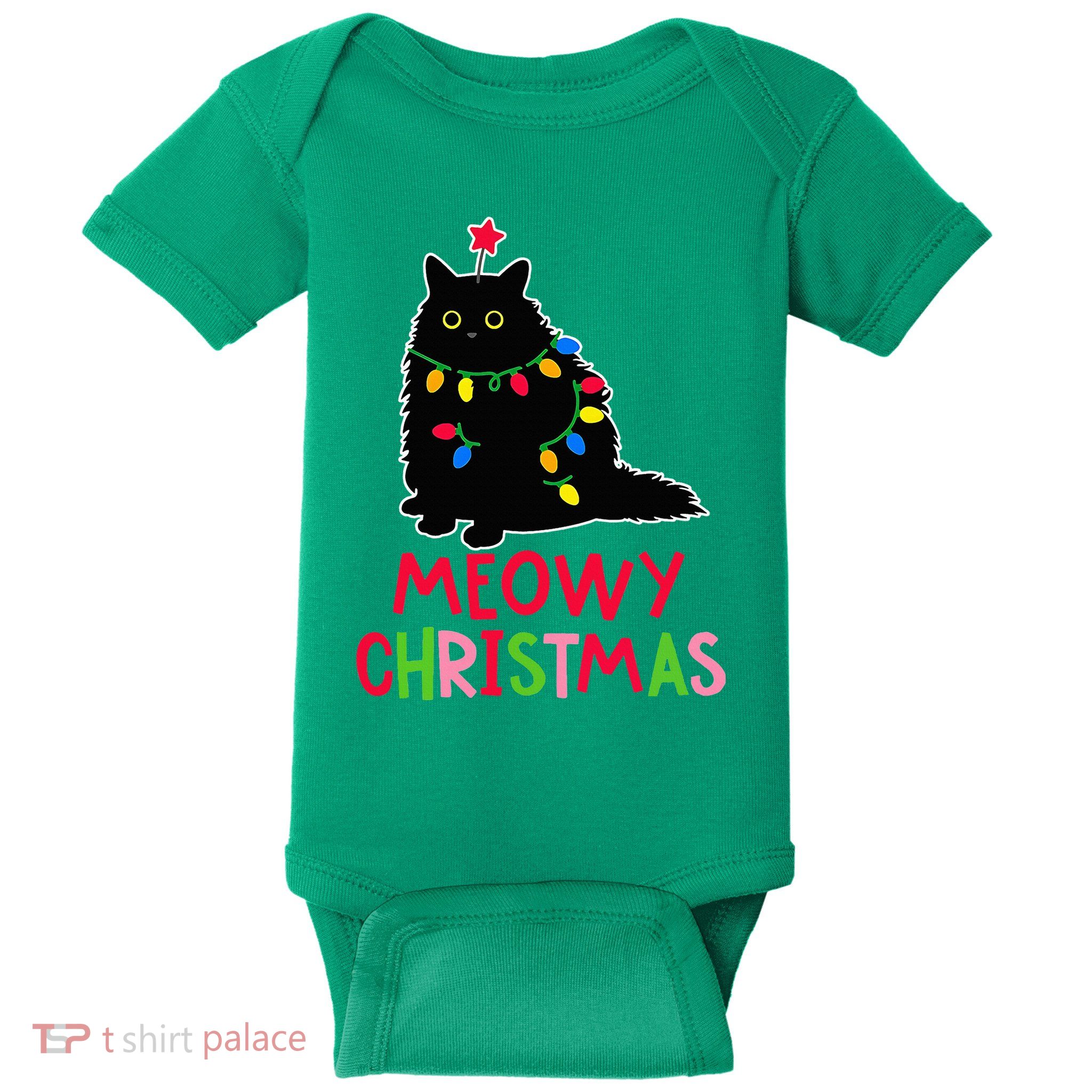 Meowy Christmas Xmas Lights Black Cat Pajamas Family Funny Baby Bodysuit