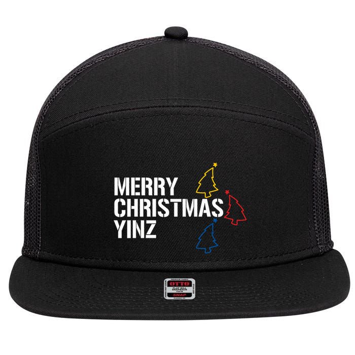 Merry Christmas Yinz With Pittsburgh Christmas Trees Funny 7 Panel Mesh Trucker Snapback Hat