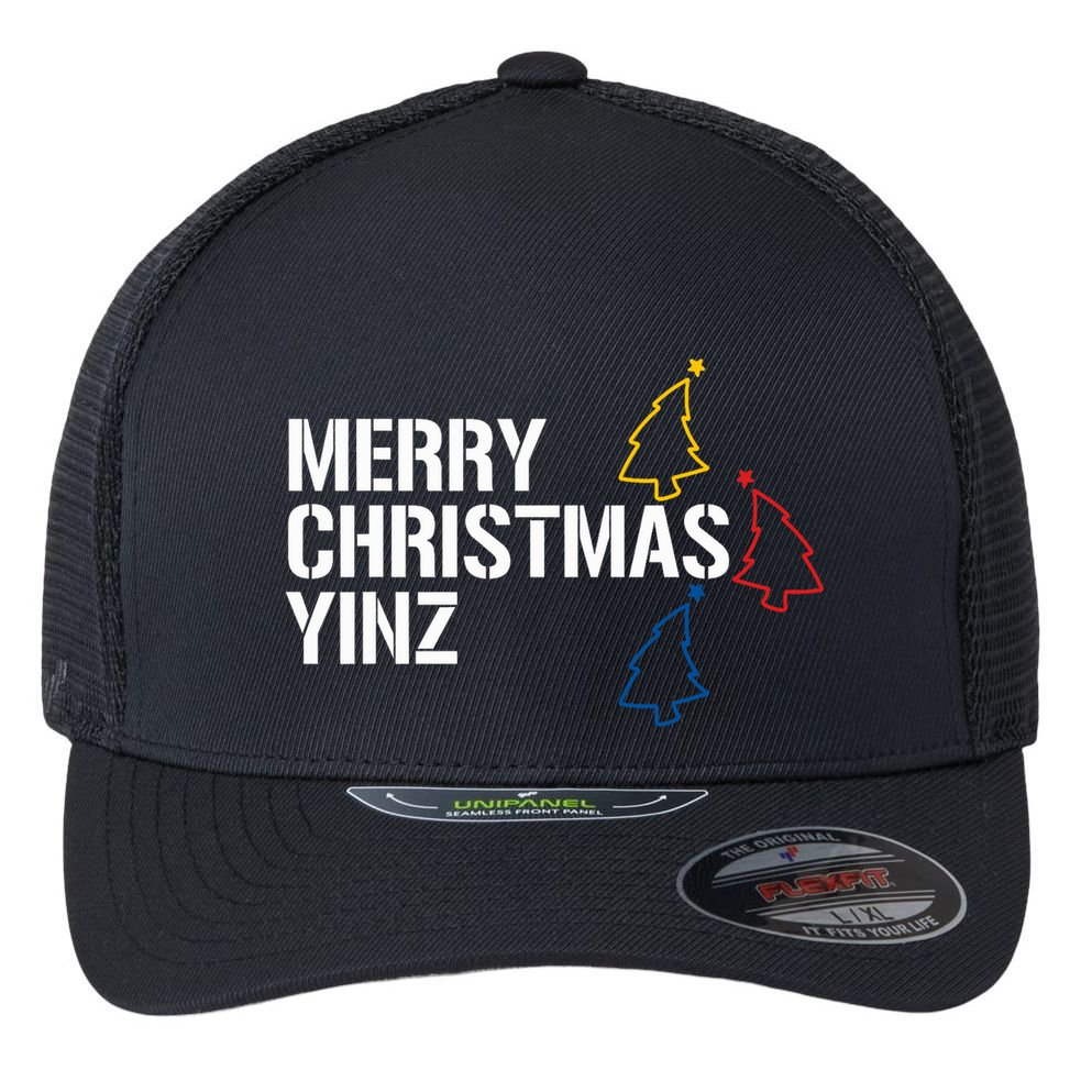 Merry Christmas Yinz With Pittsburgh Christmas Trees Funny Flexfit Unipanel Trucker Cap