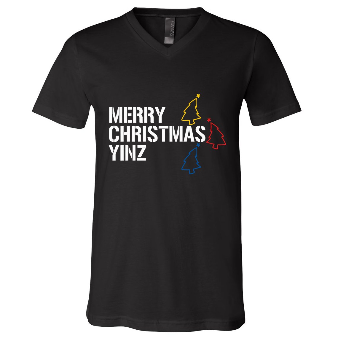 Merry Christmas Yinz With Pittsburgh Christmas Trees Funny V-Neck T-Shirt