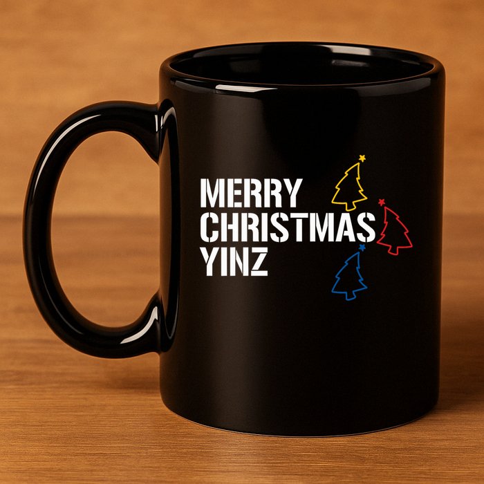 Merry Christmas Yinz With Pittsburgh Christmas Trees Funny 11oz C Handle Ceramic Mug