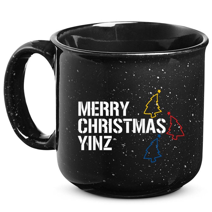 Merry Christmas Yinz With Pittsburgh Christmas Trees Funny 15oz Campfire Ceramic Mug