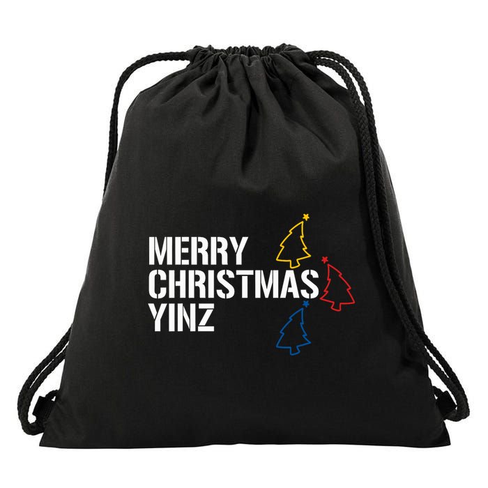Merry Christmas Yinz With Pittsburgh Christmas Trees Funny Drawstring Bag