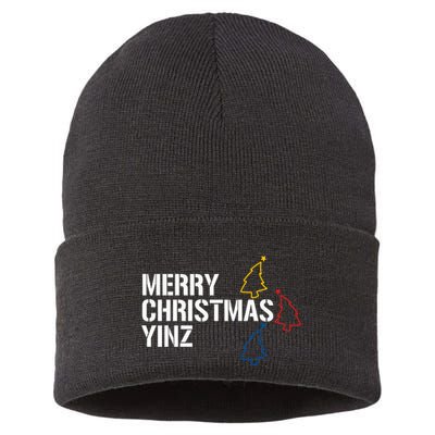 Merry Christmas Yinz With Pittsburgh Christmas Trees Funny Sustainable Knit Beanie