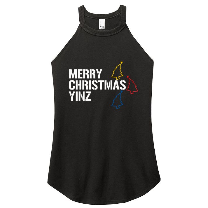 Merry Christmas Yinz With Pittsburgh Christmas Trees Funny Women's Perfect Tri Rocker Tank
