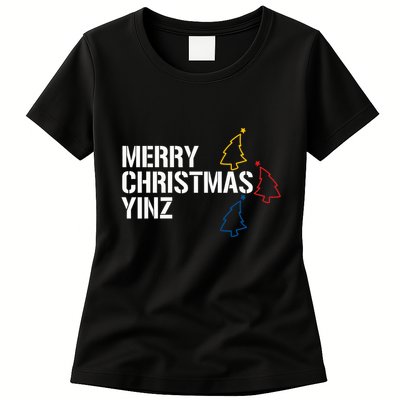 Merry Christmas Yinz With Pittsburgh Christmas Trees Funny Womens T-Shirt