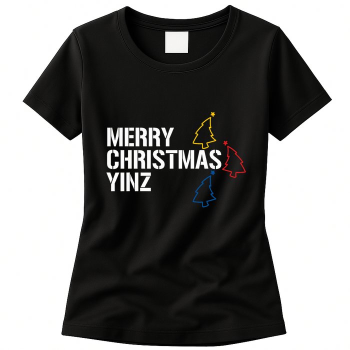 Merry Christmas Yinz With Pittsburgh Christmas Trees Funny Womens T-Shirt