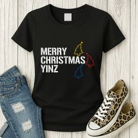 Merry Christmas Yinz With Pittsburgh Christmas Trees Funny Womens T-Shirt