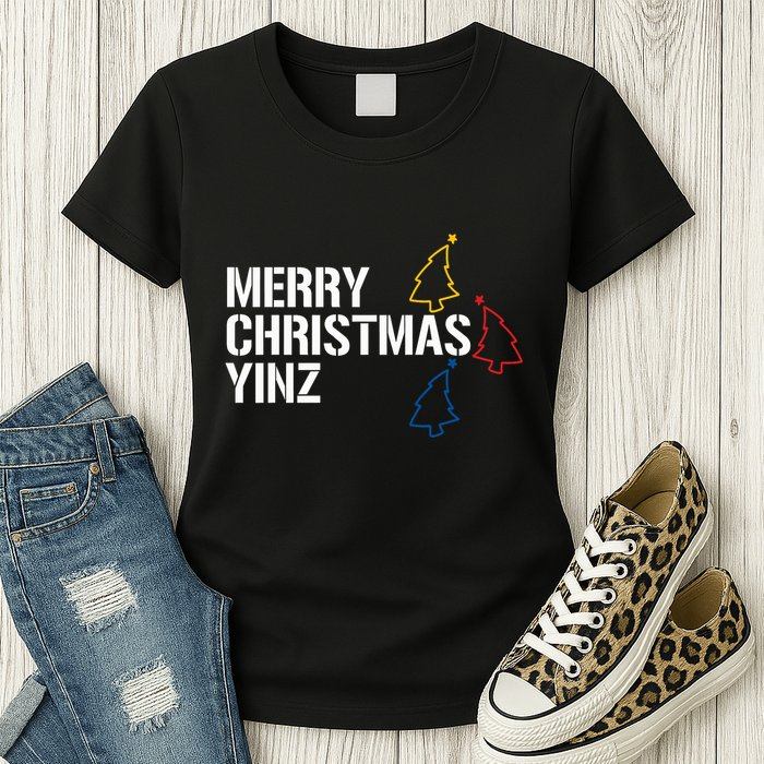 Merry Christmas Yinz With Pittsburgh Christmas Trees Funny Womens T-Shirt