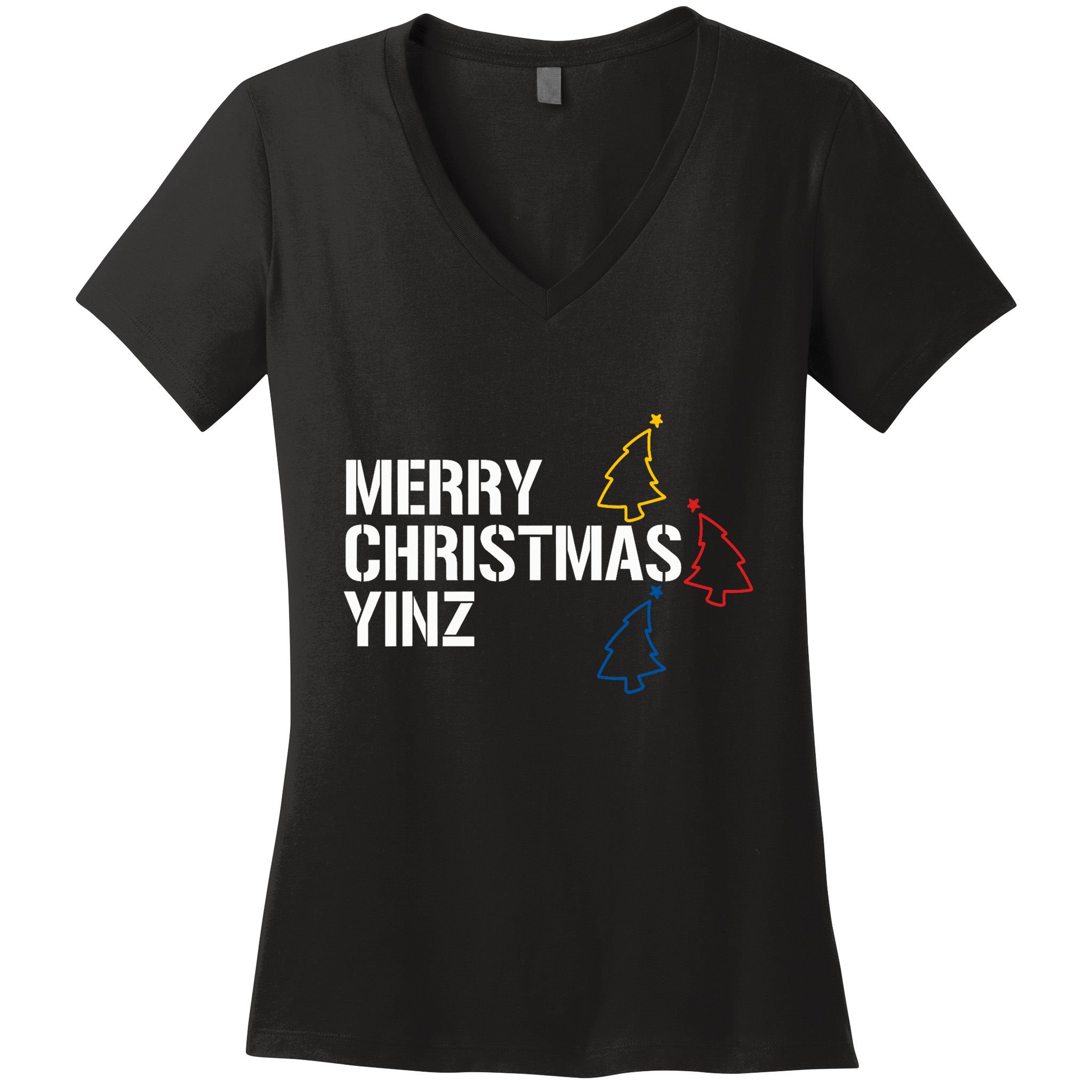 Merry Christmas Yinz With Pittsburgh Christmas Trees Funny Women's V-Neck T-Shirt
