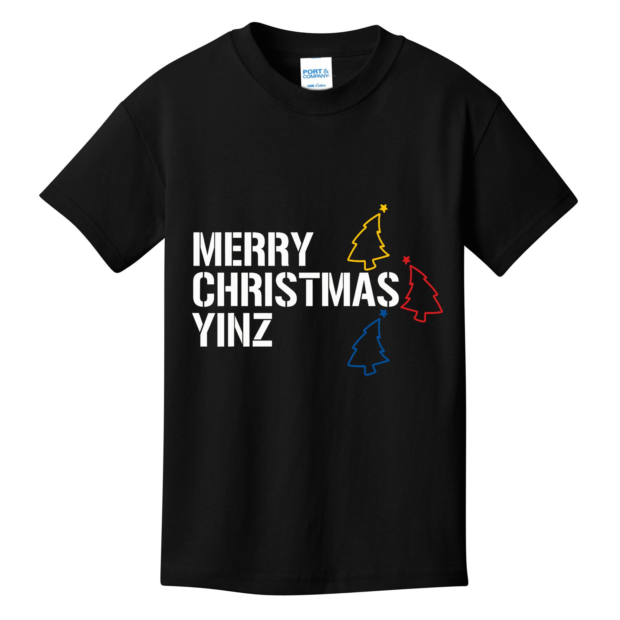 Merry Christmas Yinz With Pittsburgh Christmas Trees Funny Kids T-Shirt
