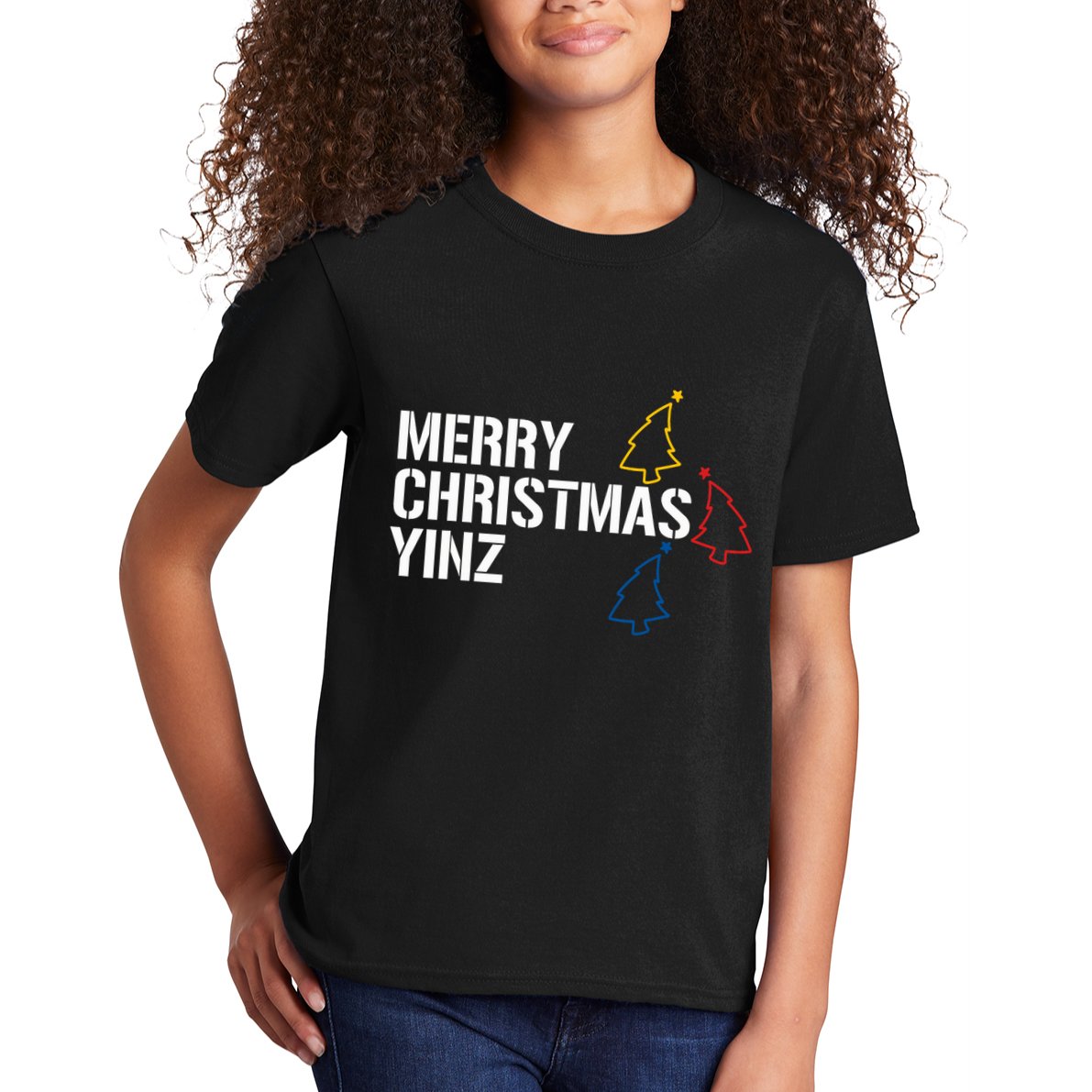 Merry Christmas Yinz With Pittsburgh Christmas Trees Funny Kids T-Shirt