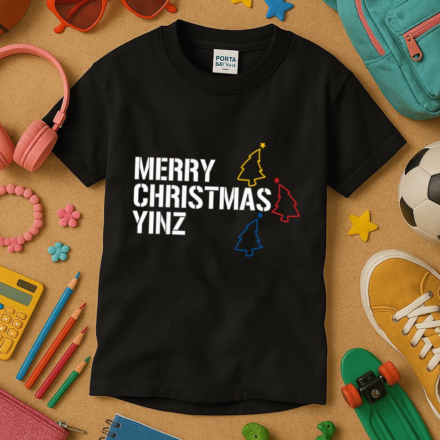 Merry Christmas Yinz With Pittsburgh Christmas Trees Funny Kids T-Shirt