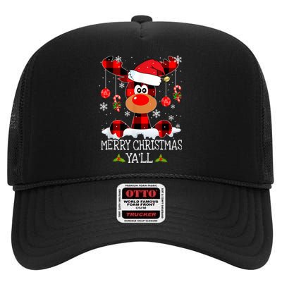 Merry Christmas Ya'll Cute Reindeer High Crown Mesh Back Trucker Hat