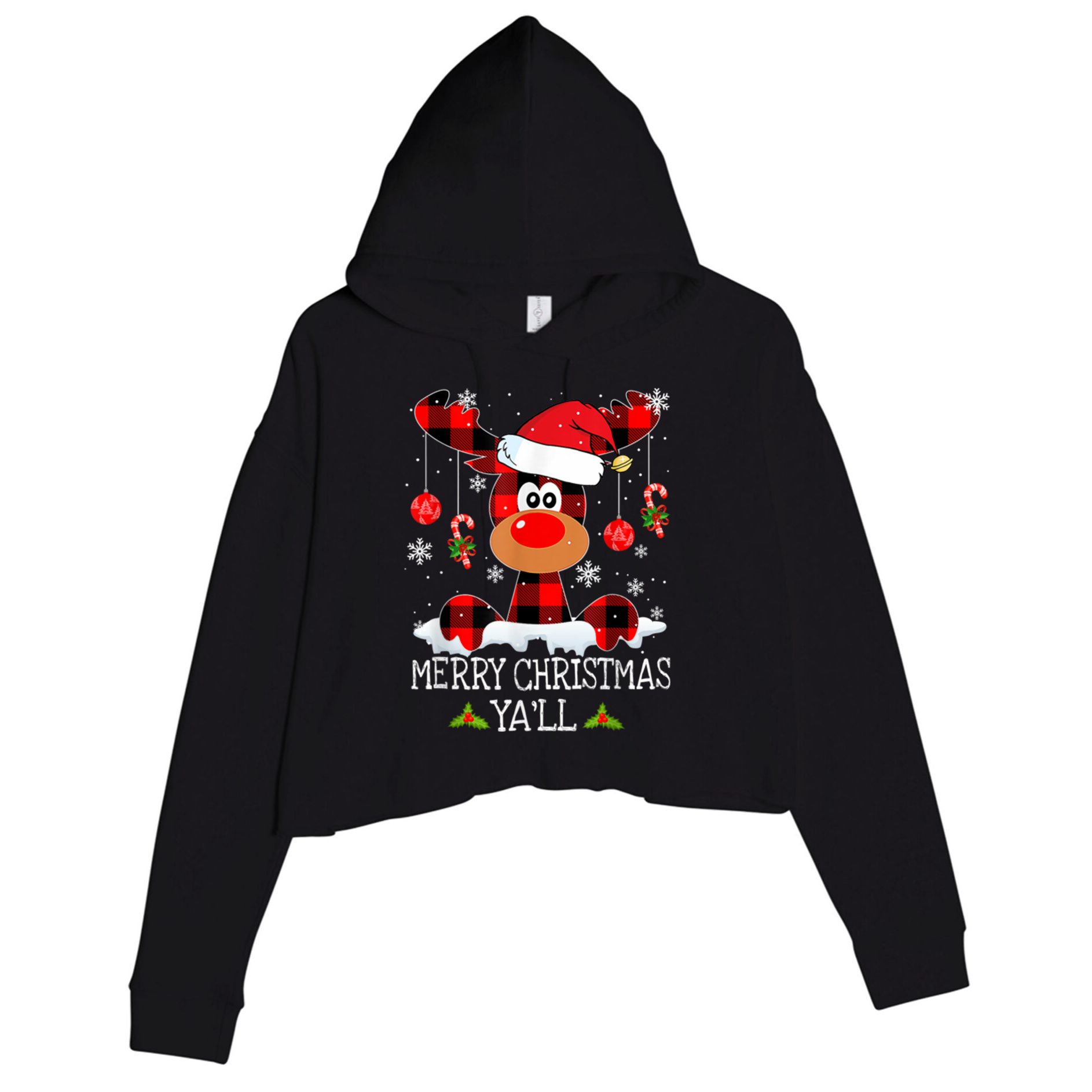 Merry Christmas Ya'll Cute Reindeer Crop Fleece Hoodie