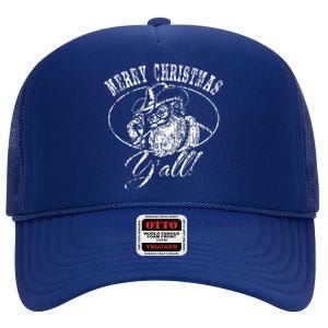 Merry Christmas Y'all Funny Country Cowboy Santa Claus  High Crown Mesh Back Trucker Hat