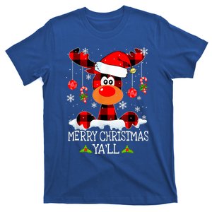 Merry Christmas YaLl Reindeer Santa Hat Buffalo Red Plaid T-Shirt