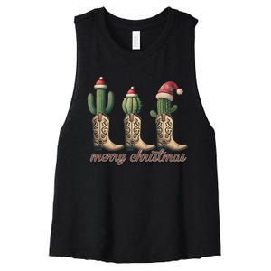 Merry Christmas YAll Western Country Cowboy Boots Holiday Tank Top Women's Racerback Cropped Tank