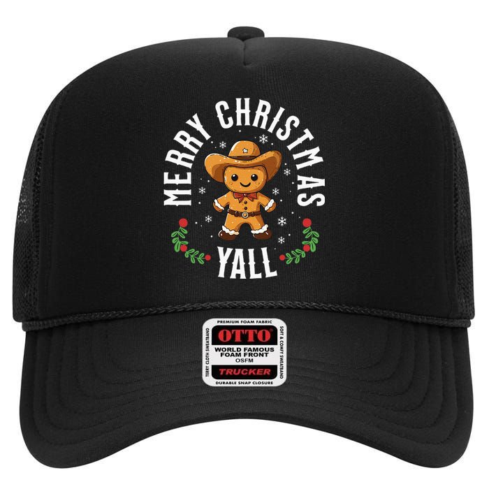 Merry Christmas Yall Gingerbread Cowboy Howdy Western Xmas High Crown Mesh Back Trucker Hat