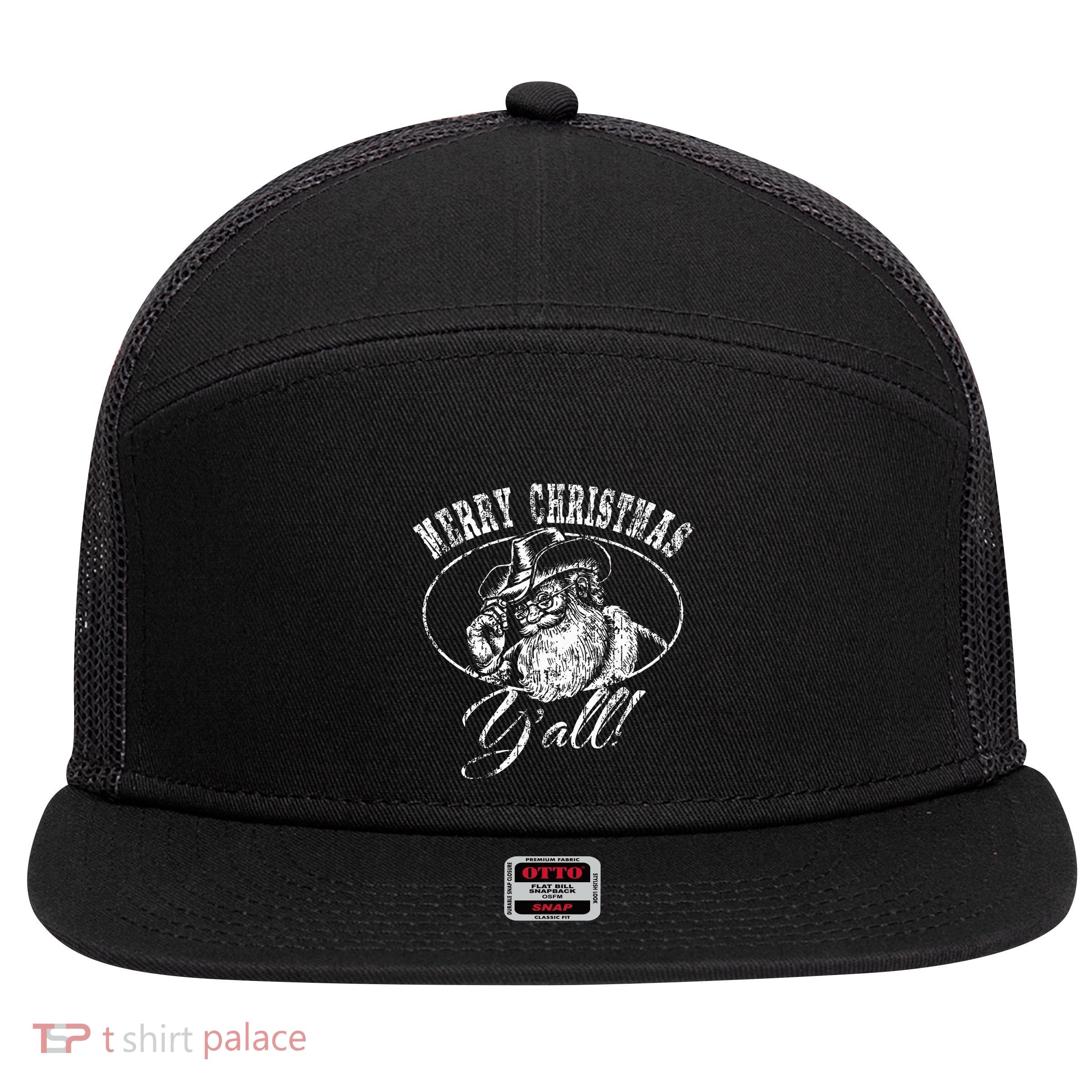 Merry Christmas Y'all Country Cowboy Santa Claus  7 Panel Mesh Trucker Snapback Hat