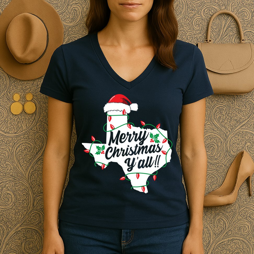 Merry Christmas Y'All Texas State Texan Women's V-Neck T-Shirt