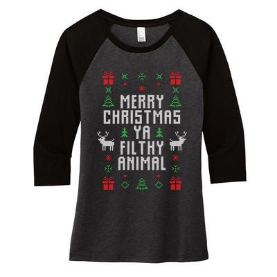 Merry Christmas Ya Filthy Animal Ugly Christmas Sweater Women's Tri-Blend 3/4-Sleeve Raglan Shirt