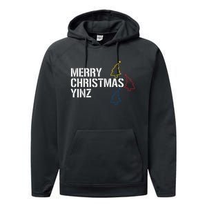 Merry Christmas Yinz with Pittsburgh Christmas Trees Funny Performance Fleece Hoodie