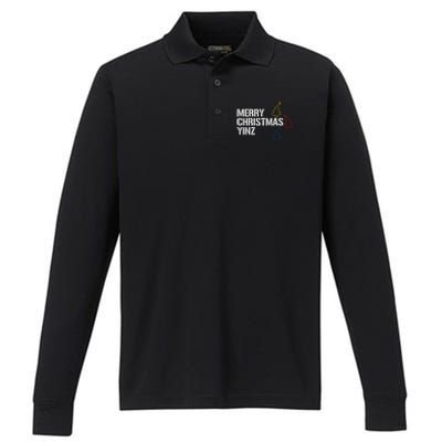 Merry Christmas Yinz with Pittsburgh Christmas Trees Funny Performance Long Sleeve Polo