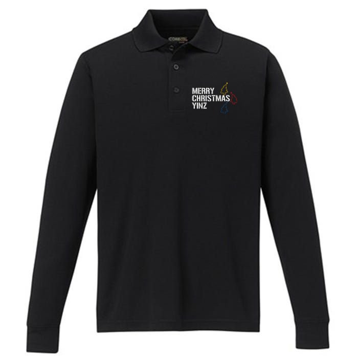 Merry Christmas Yinz with Pittsburgh Christmas Trees Funny Performance Long Sleeve Polo